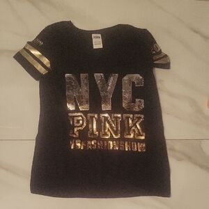 PINK Victoria's Secret Kids Black Tee with Metallic Gold NYC Logo